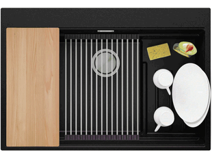 Granieten keukengootsteen met één bak zonder afdruipgedeelte en ruimte voor accessoires en snijplank Oslo 40 Pocket + Gratis