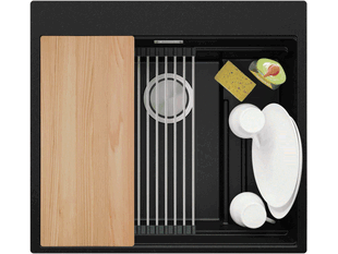 Granieten keukengootsteen met één bak zonder afdruipgedeelte en ruimte voor accessoires en snijplank Oslo 40 Pocket + Gratis