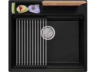 Granieten keukengootsteen met één bak zonder afdruipgedeelte en ruimte voor accessoires en snijplank Oslo 60 Pocket Multilevel + Gratis